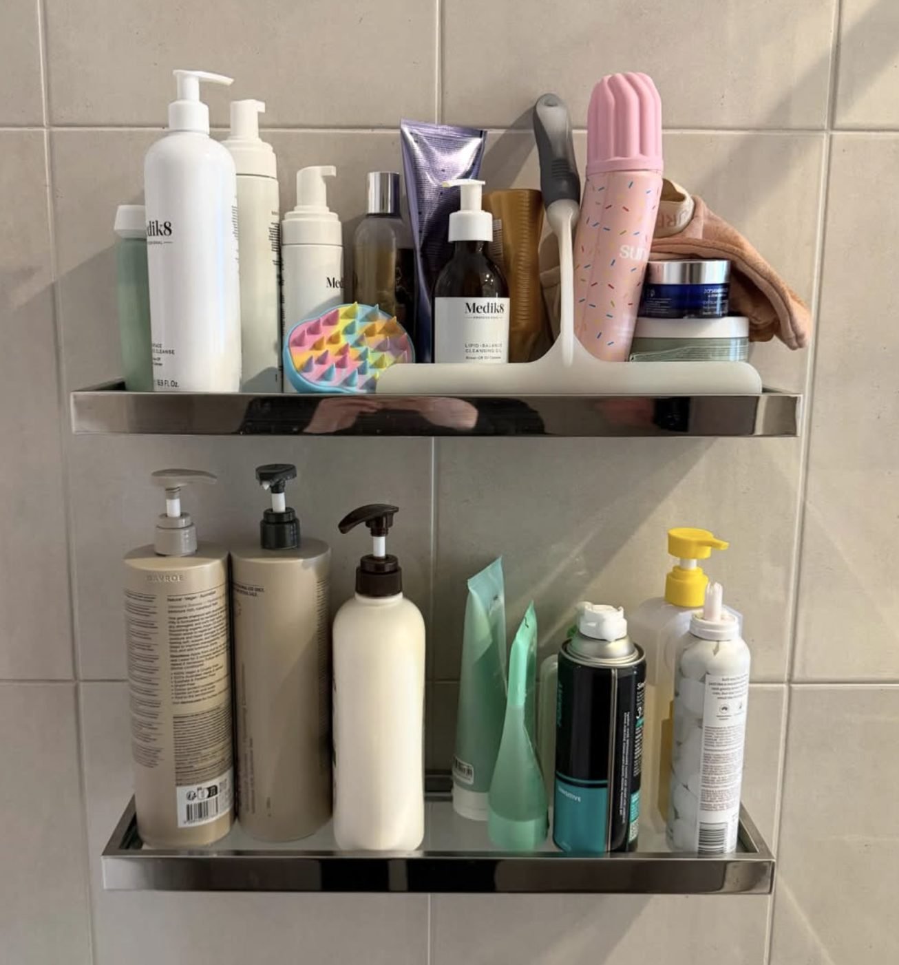 Bathroom shelving wiped down and reset